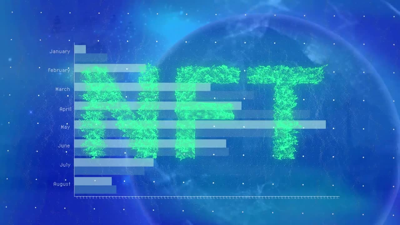 Animation of nft over graphs, globe and blue background