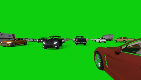 heavy traffic of 3d cars, between lanes camera 4k, green screen chromakey