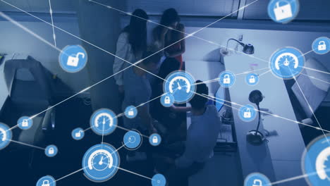 animation of network of connections with icons over diverse business people in office