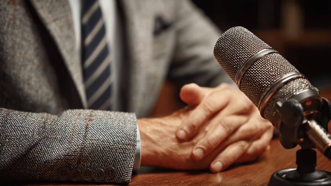 A Professional Speaker Engaged at a Microphone: Capturing the Essence of Communication in a Studio Setting with Elegance and Authority