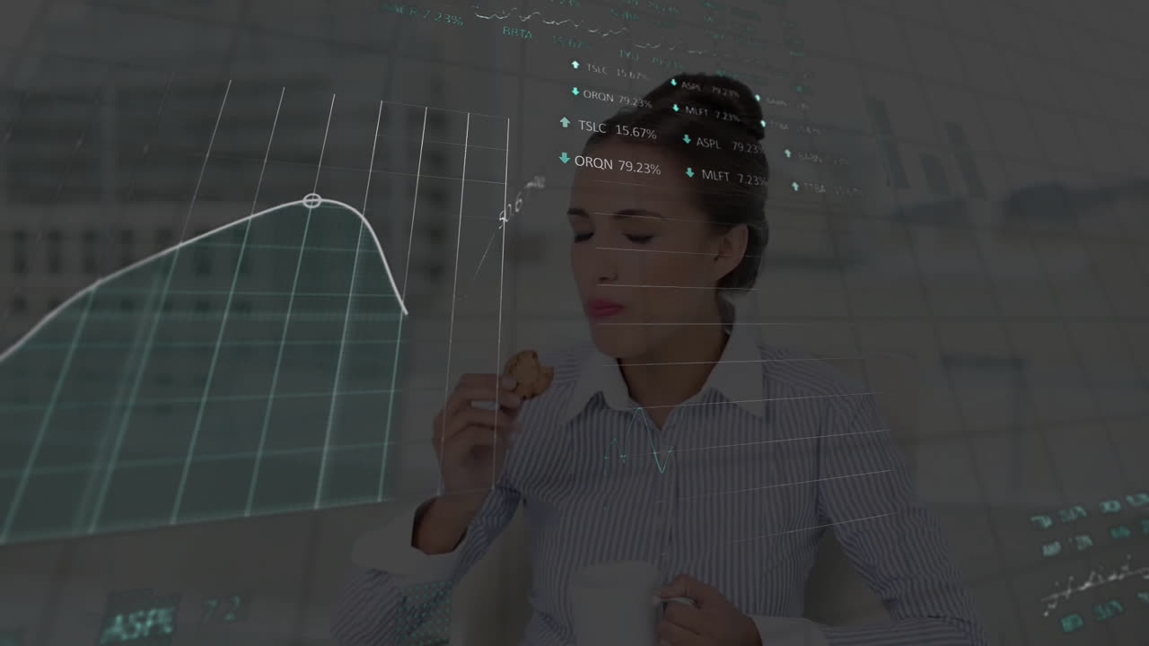 Animation of financial data processing over caucasian businesswoman using laptop
