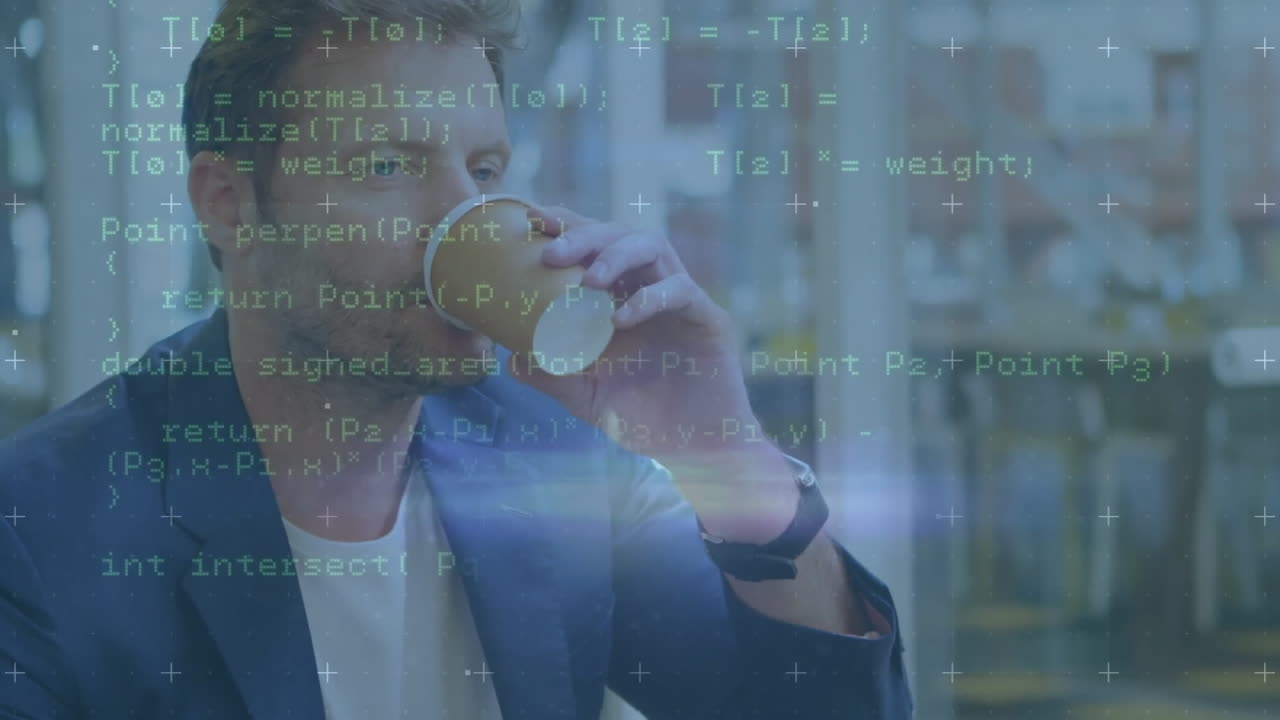 animación de procesamiento de datos sobre empresario caucásico bebiendo café para llevar en una cafetería