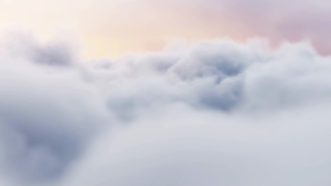 Soft Pastel Sky Over Fluffy Clouds, Sunrise Glow Paints Gentle Pink And Gold Tones Across Voluminous Cumulus,