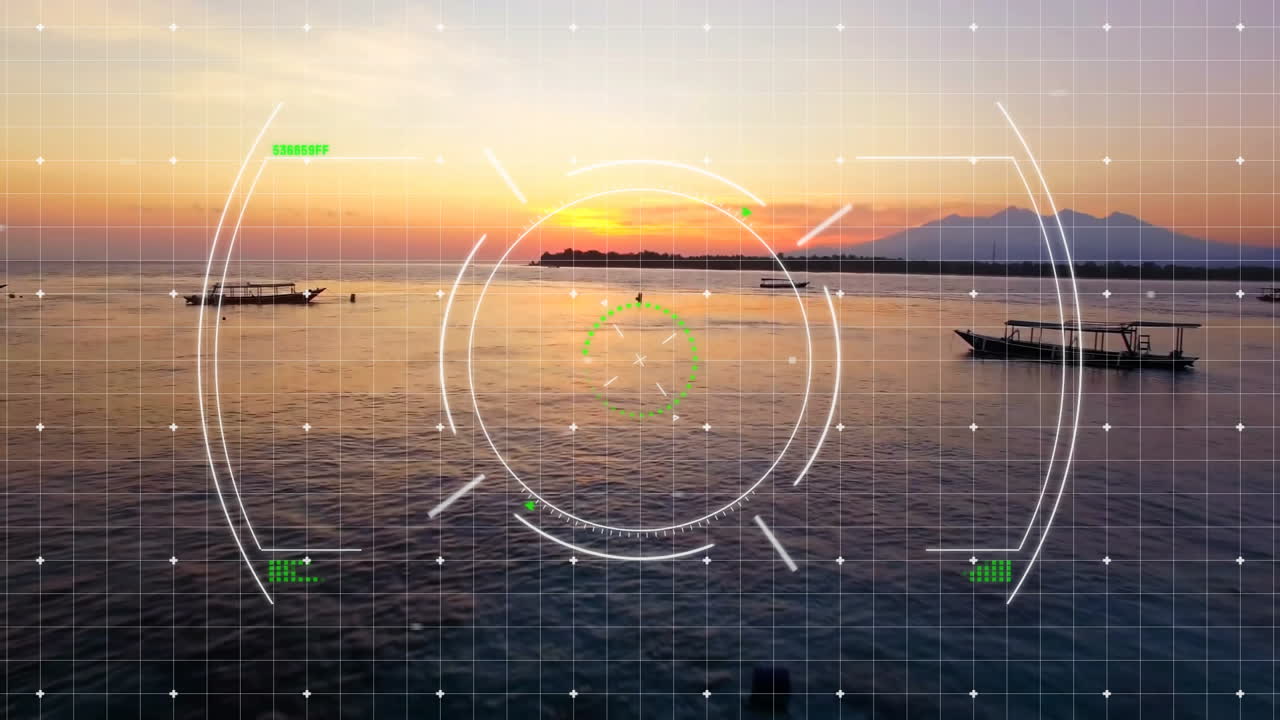 animación del sistema de orientación sobre los barcos en el agua durante la puesta del sol