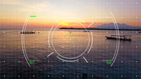 targeting system animation over boats on water during sunset