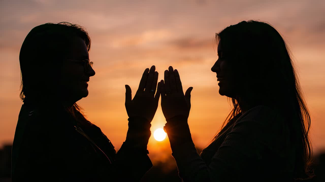 Clapping women framing sun nearing horizon on hill wearing jacket, glasses and rings celebrating