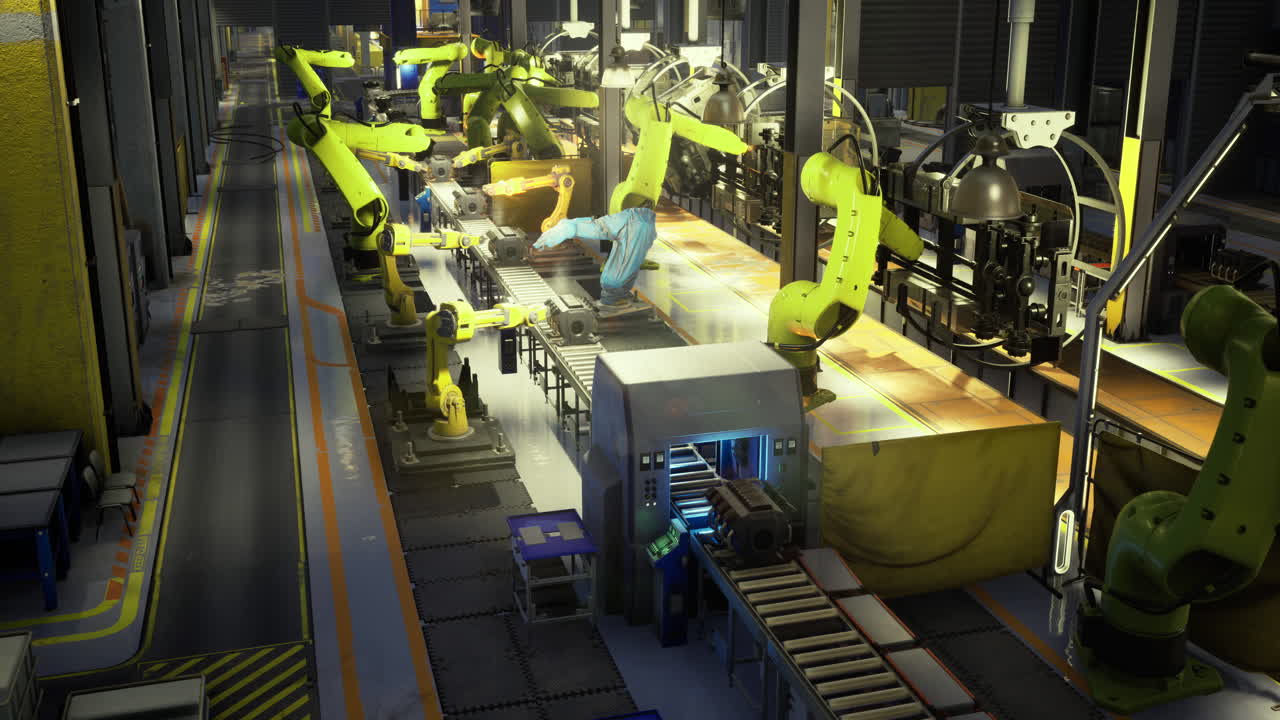 Robotic arms working on assembly line in a modern industrial facility