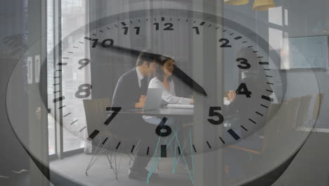 animation of clock moving over diverse colleagues discussing work in office