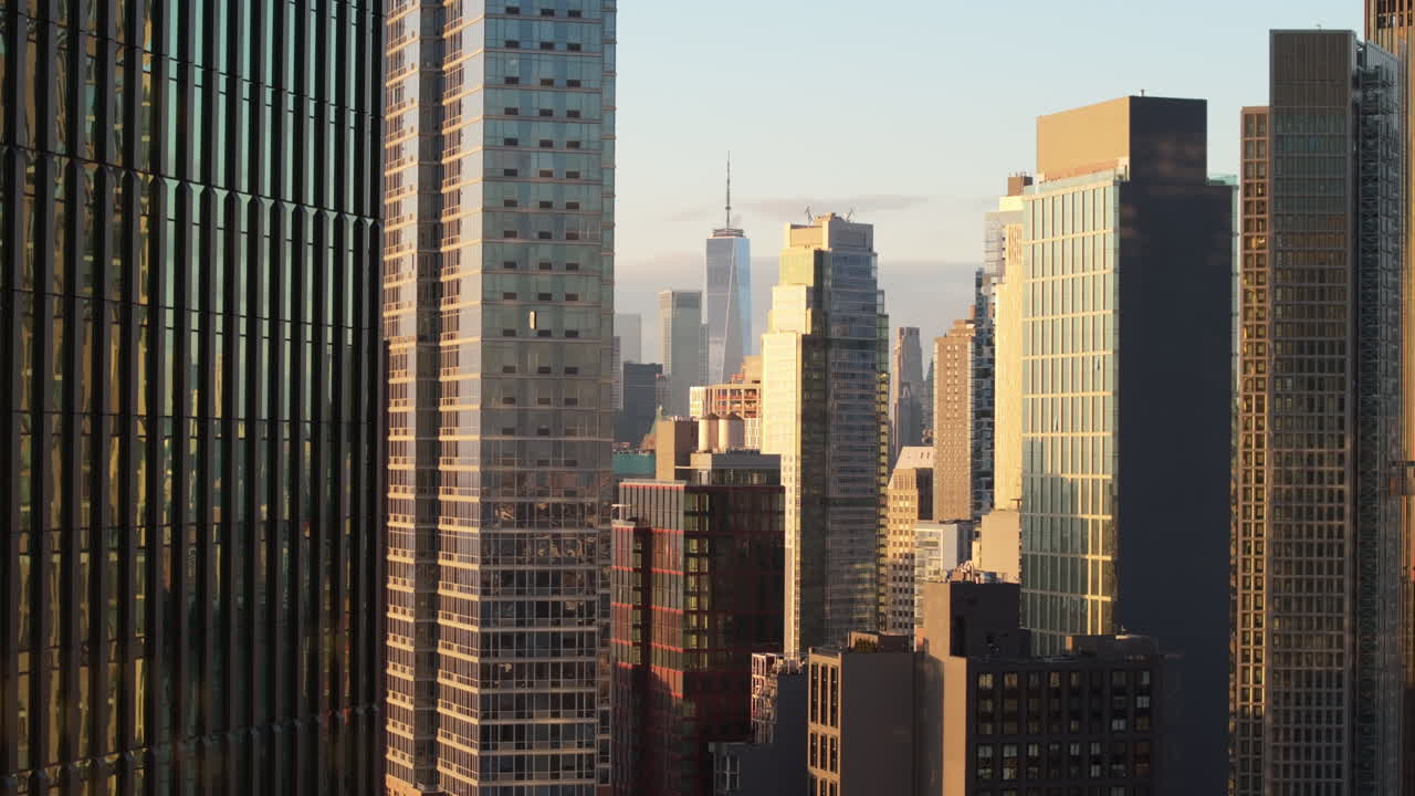 Aerial view of the World Trade Center. Shot in Brooklyn
