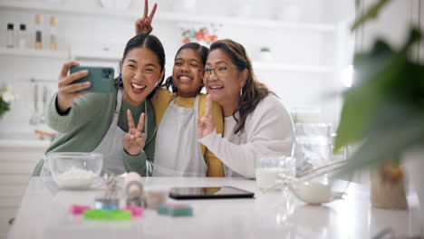 Family,-peace-sign-selfie-and-kitchen