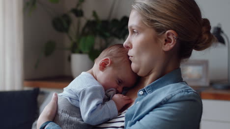 Madre-Joven-Cuidando-Al-Bebé-En-Casa-Calmando-Al-Recién-Nacido-Cansado-Calmando-Suavemente-Al-Bebé-Inquieto-Alimentando-La-Maternidad