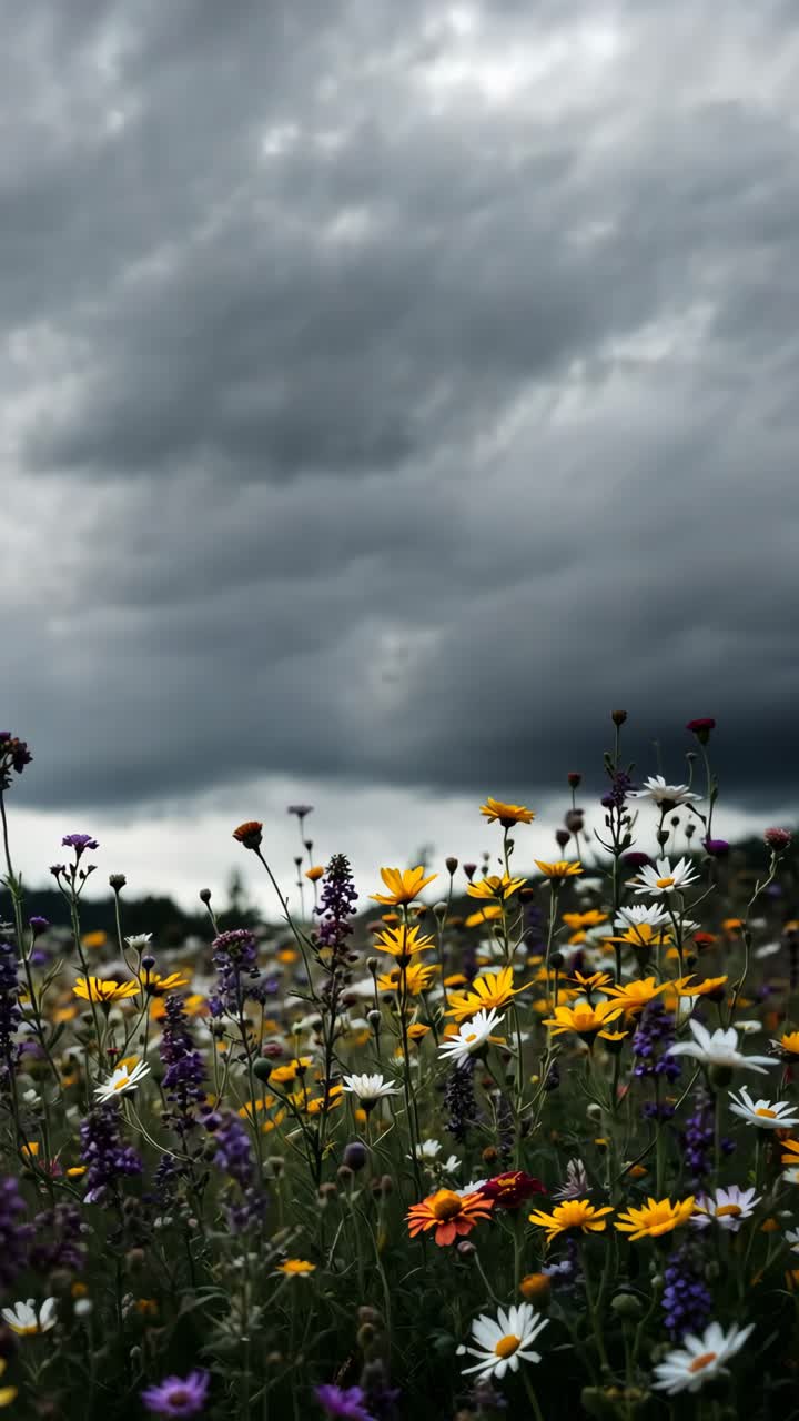 Colorful Wildflowers Under a Stormy Sky