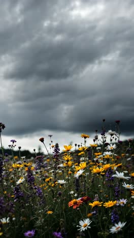 colorful wildflowers under a stormy sky