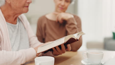 bible study, elderly woman and reading in home