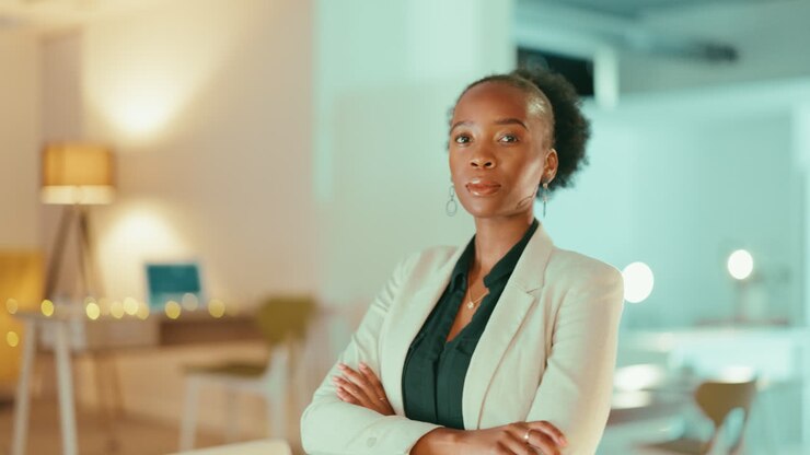 Black woman, business and leadership with arms