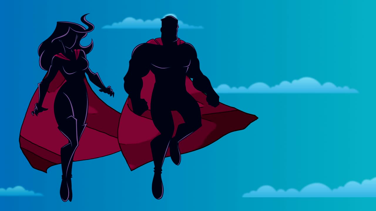 하늘의 실루에서 날아다니는 슈퍼히어로 커플