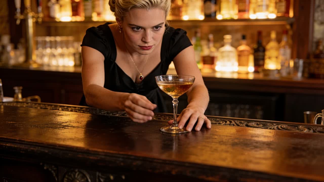 Rækkende, blond bartender i sort stabiliserer coupeglas, centrerer på poleret bar med bagbarflasker