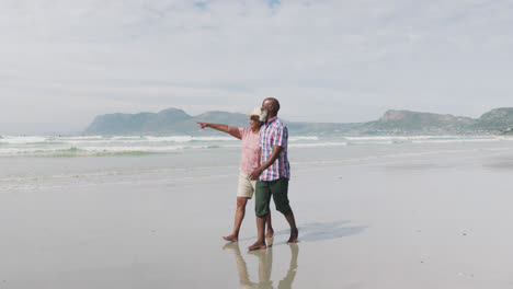 Mixed-race-senior-couple-walking-and-holding-hands-at-the-beach