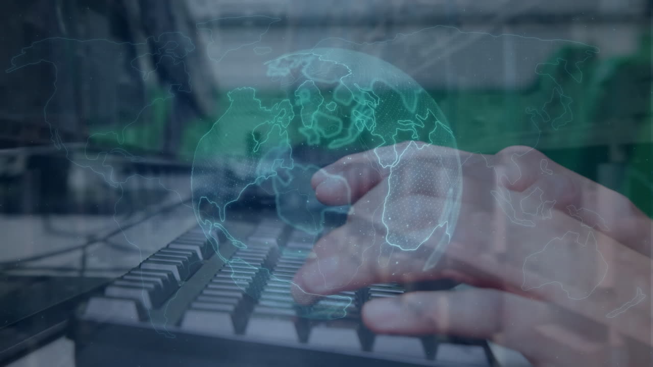 animación de conexiones con el globo sobre las manos de un niño caucásico usando computadora