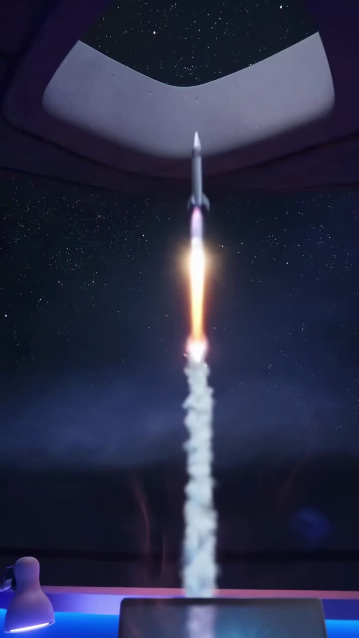 Futuristic video concept of a rocket launching from a laptop screen, shot at eye level
