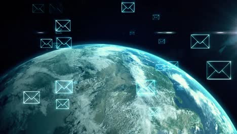 animation of email icons and data processing over globe