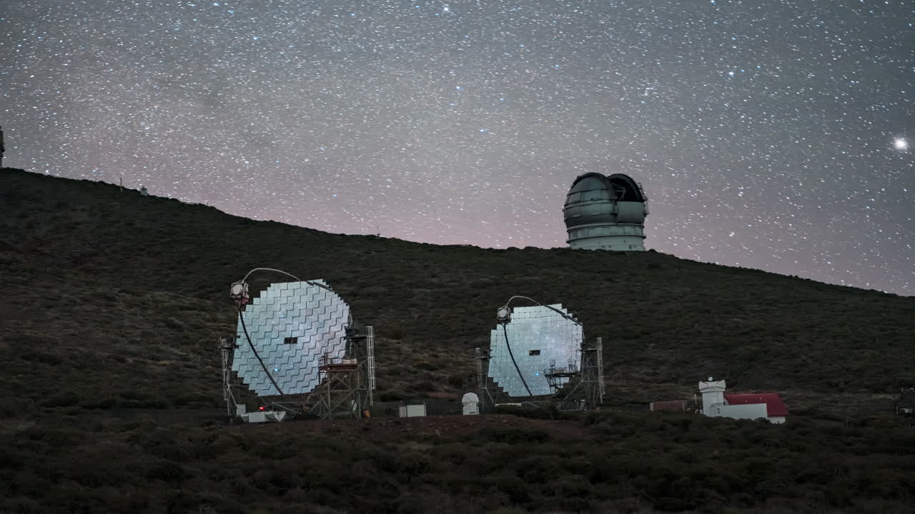 Stunning view of the Roque de los Muchachos observatories under a starry sky, timelapse