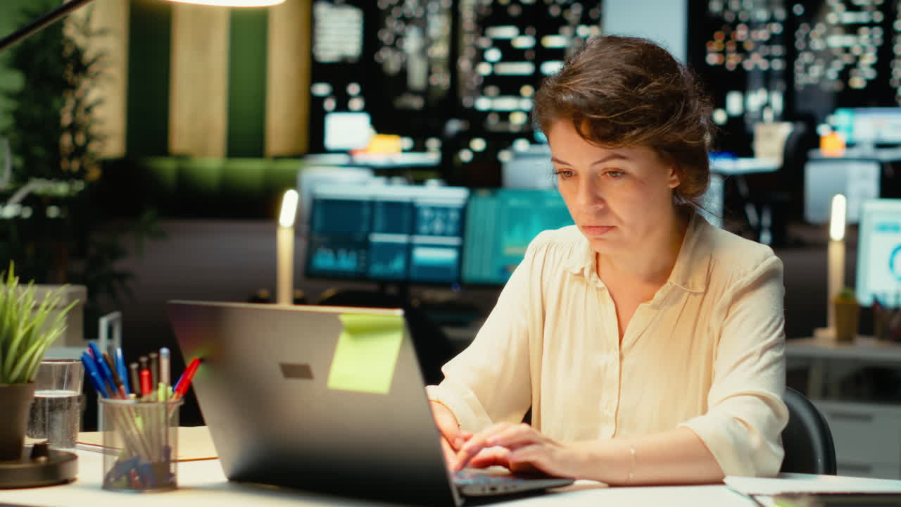Vertical Video Businesswoman documenting essential ideas from pc screen on paper