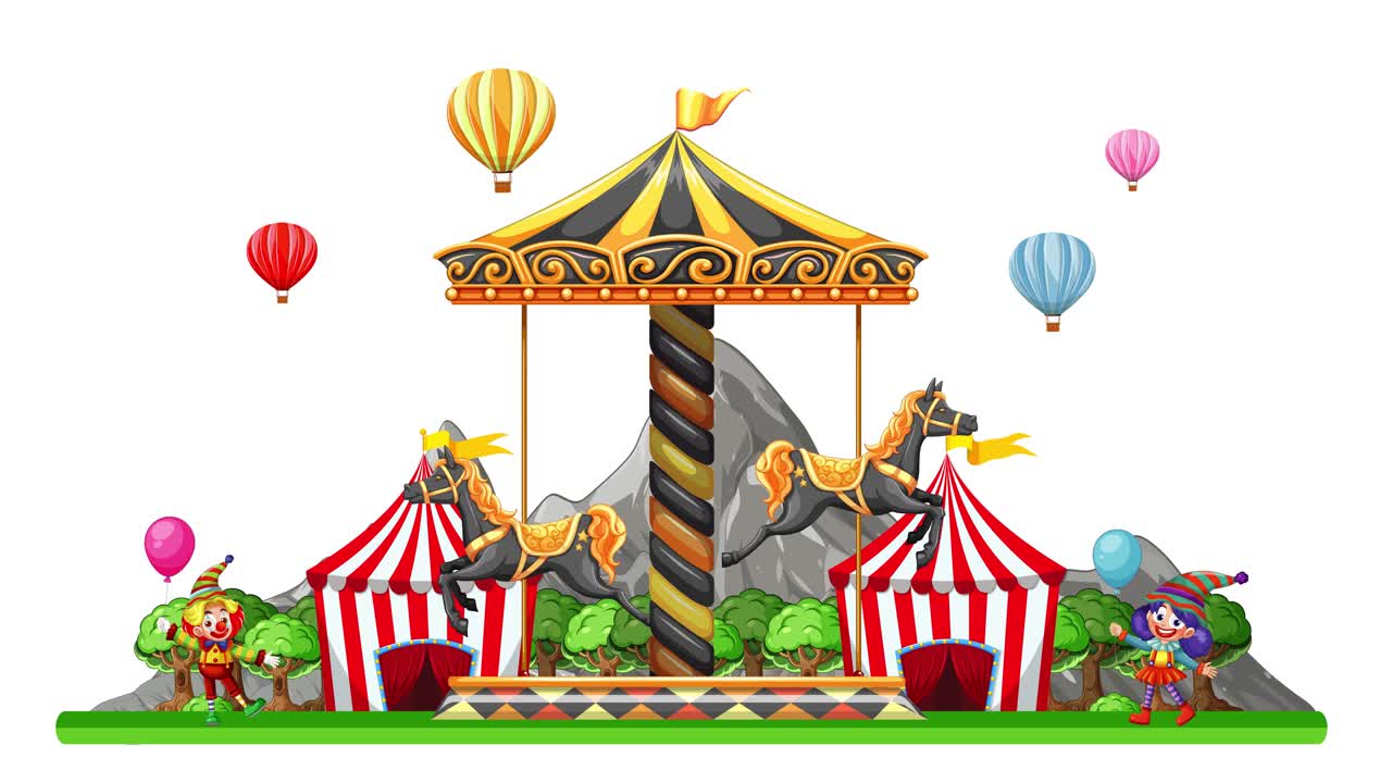 A colorful 2D animation of a spinning carousel, circus tents, and floating hot air balloons