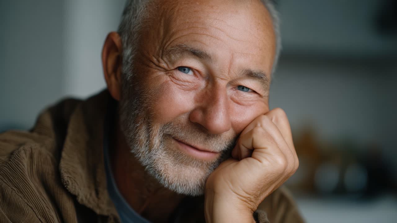 A Thoughtful Older Man Reflecting with a Warm Smile, Capturing Moments of Wisdom and Experience in a Gentle Expression, Showcasing the Journey of Life