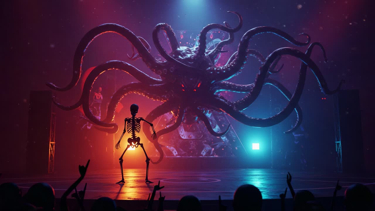 An eerie performance blends the worlds of skeletal dance and mythical sea monsters, captivating the audience with haunting visuals and captivating energy