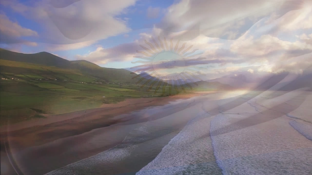 해변 풍경 위에서 날아다니는 아르헨티나  ⁇ 발의 애니메이션