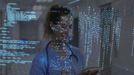 medical professional using tablet, coding and data processing animation over scene