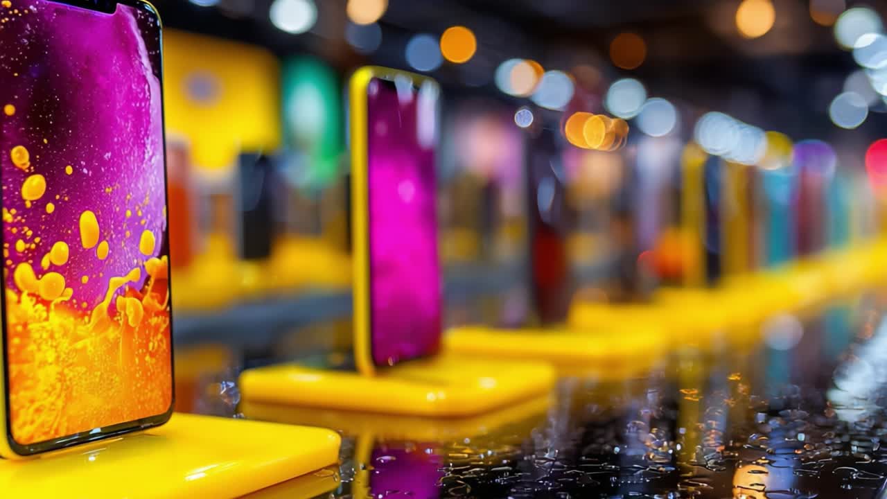 A Vibrant Display of Smartphones Under Soft Lighting with Colorful Backgrounds, Showcasing Innovative Designs and Cutting-Edge Technology Amidst Reflections on a Glossy Surface