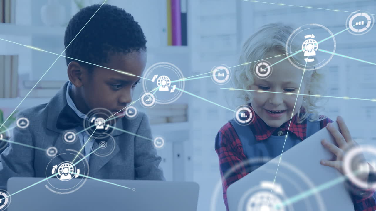 Using laptops, children in school with network connections and data processing animation
