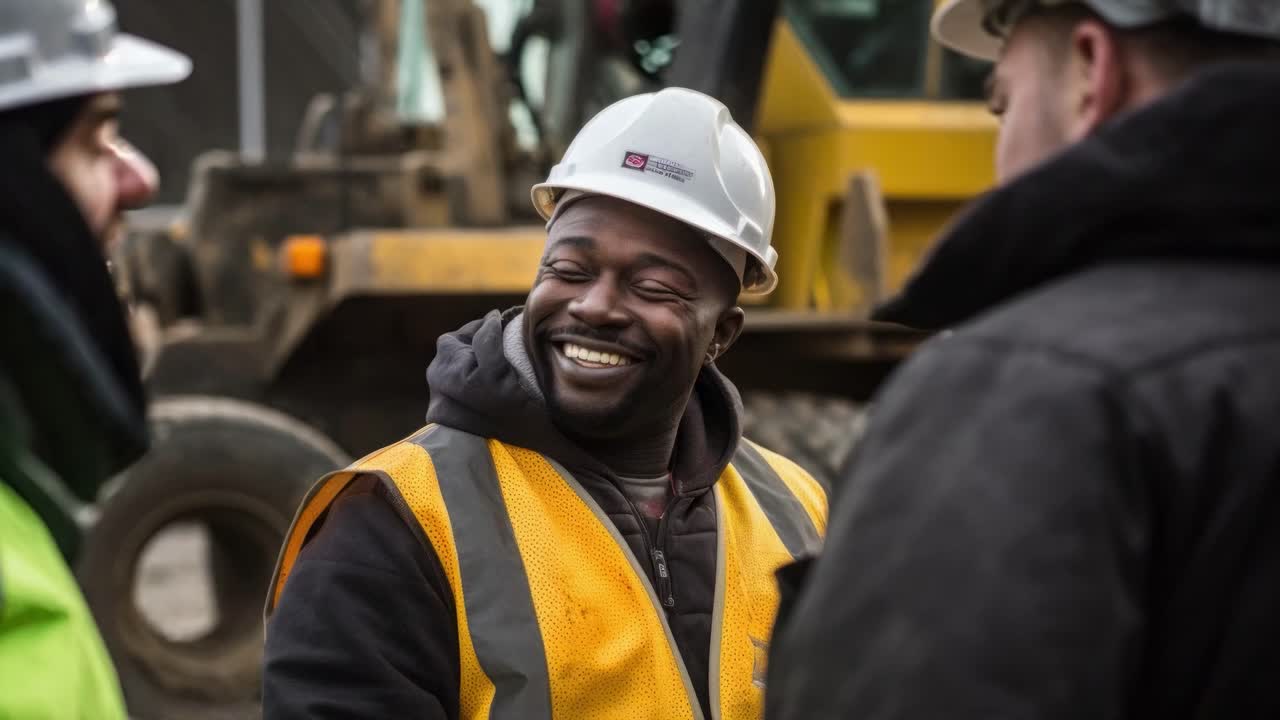 Video still of construction workers in conversation, wearing safety gear