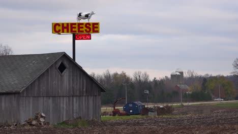 an establishing shot of a rural cheese store in wisconsin