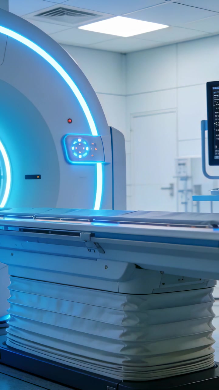 Video verticale: Anello LED di uno scanner toroidale che si sposta, indicando la prontezza in una sala di diagnostica per immagini, con tavolo.