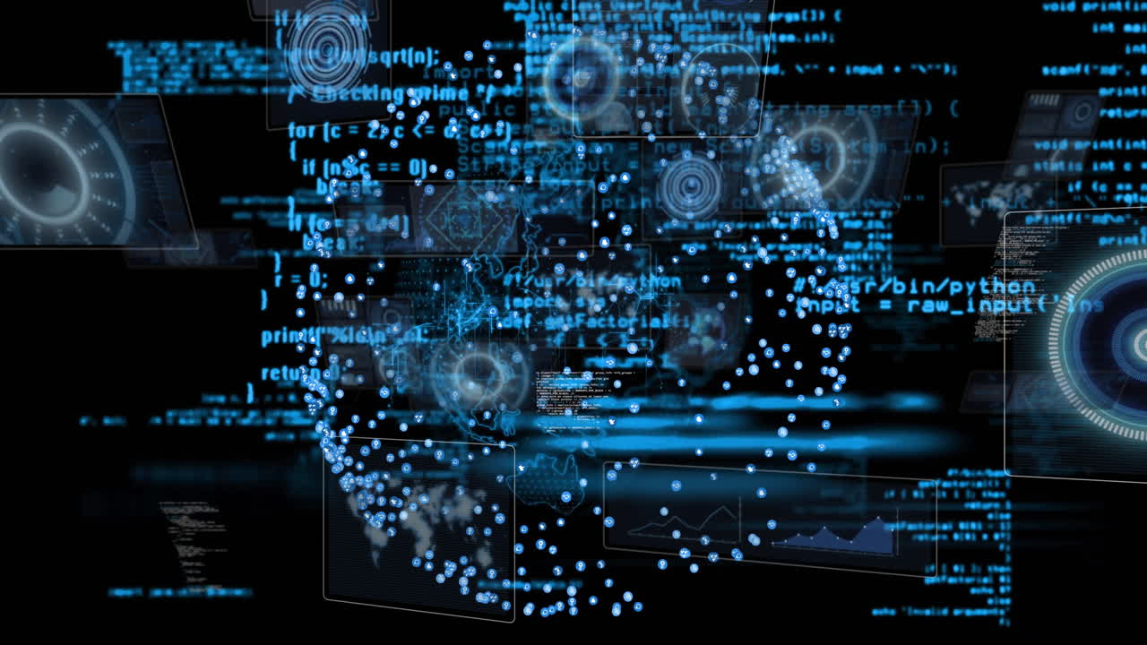 Animation of digital data forming complex network connections in spherical structure