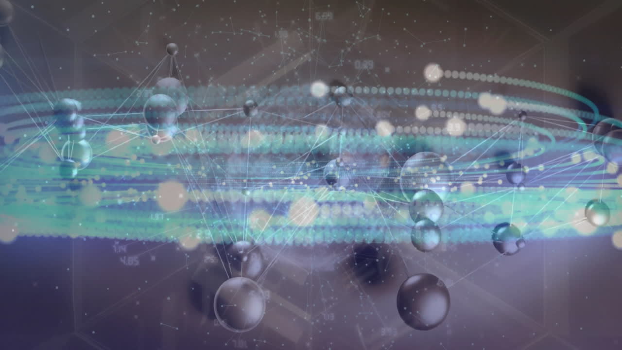 연결된 원의 애니메이션, 추상적인 배경에서 지구를 중심으로 원형으로 움직이는 점