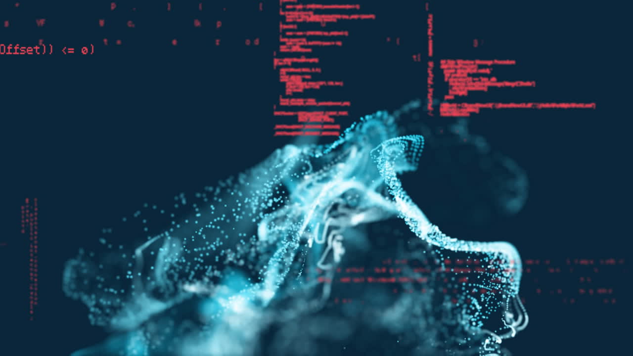 Animation of shapes with light spots over data processing on black background