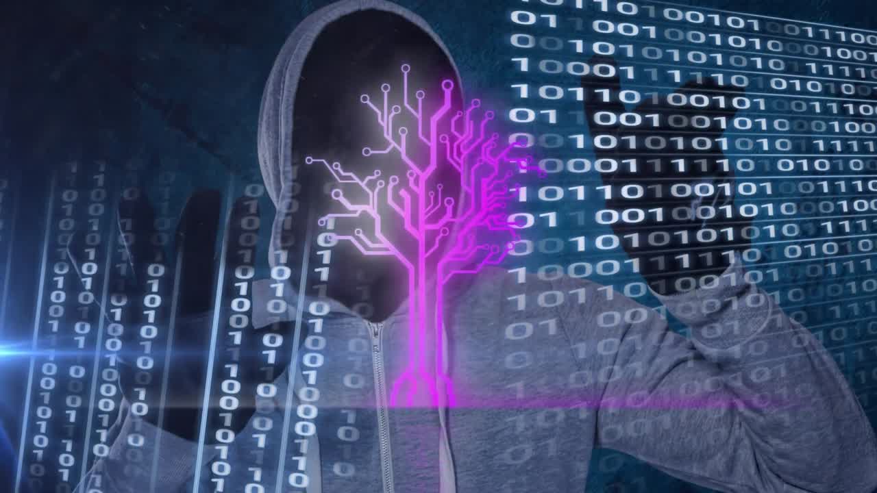 Animation of computer circuit board over hacker and data processing on blue background