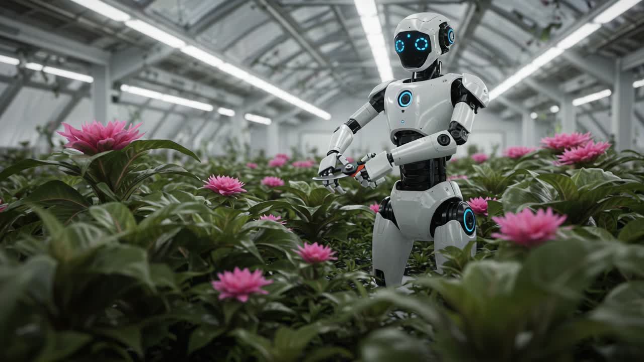 A futuristic robot interacts with vibrant flowers in a high-tech greenhouse, showcasing the intersection of technology and nature in agriculture and research
