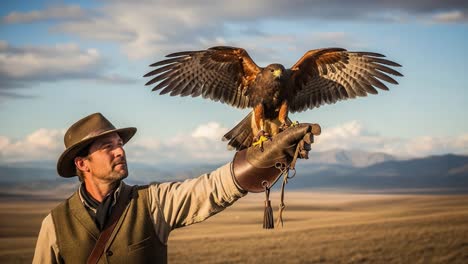 a falconer showcases his majestic hawk in a stunning natural landscape, highlighting the bond between man and bird of prey under a vast sky