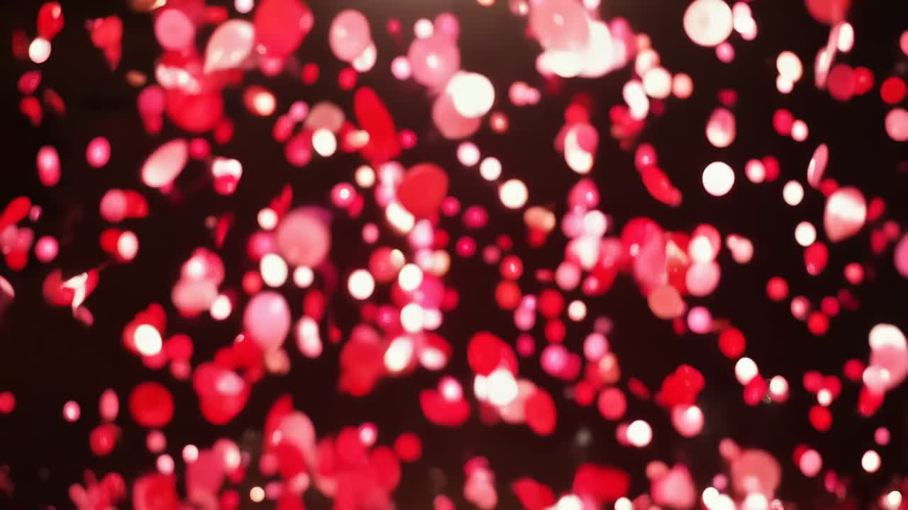 Blowing offcamera fan sending red and pale petals drifting to disperse through black backdrop bokeh