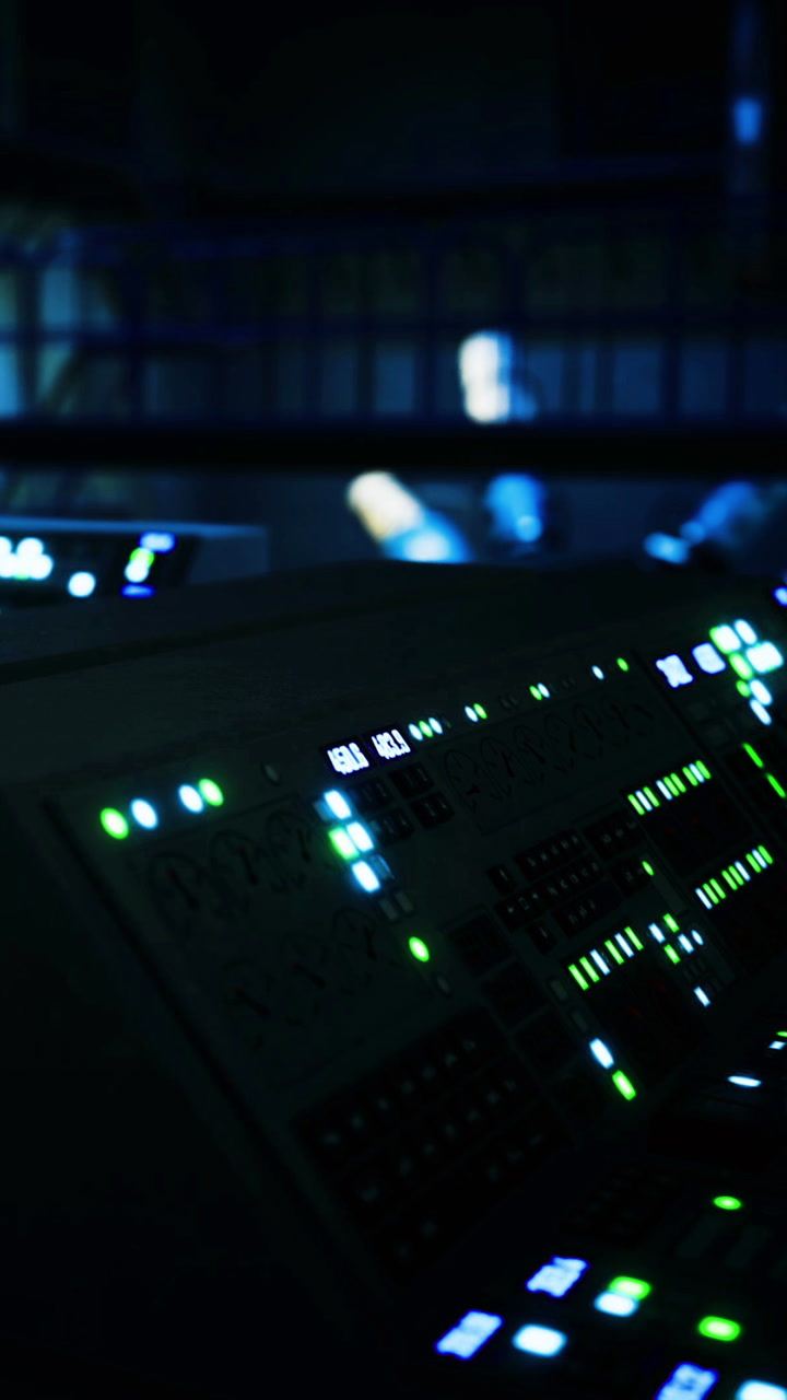 Fascinating display of colorful lights in a dark sound studio at night