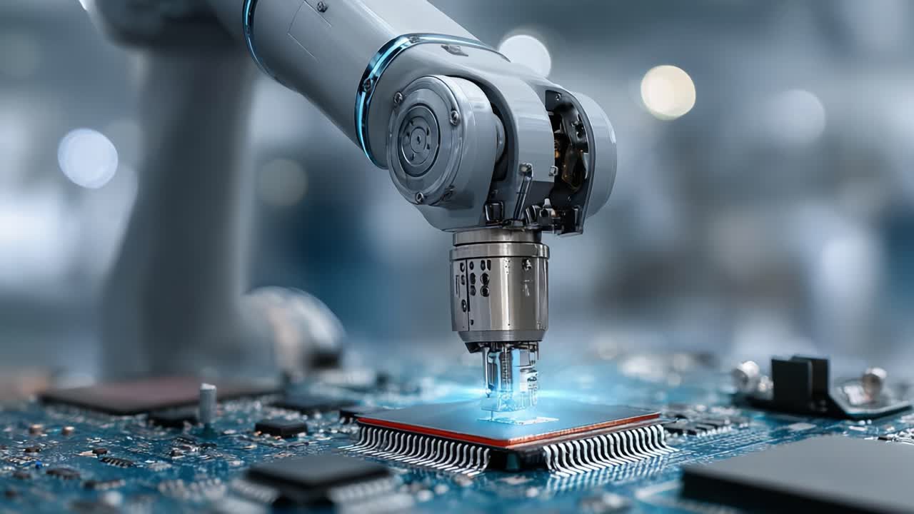 Advanced Robotic Arm Engaged in Precision Assembly of Microchip on Circuit Board, Showcasing the Future of Automated Technology and Manufacturing Processes