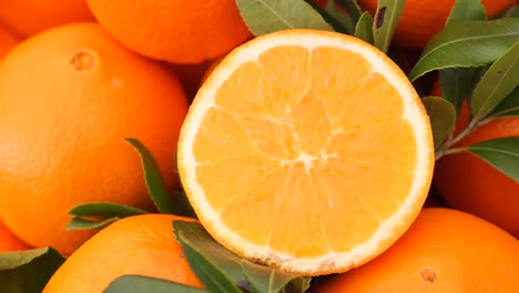 close-up of sliced oranges with leaves