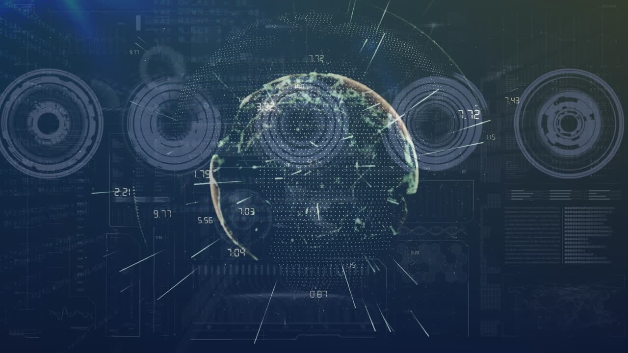 Animation of data processing and globe with data processing over dark background