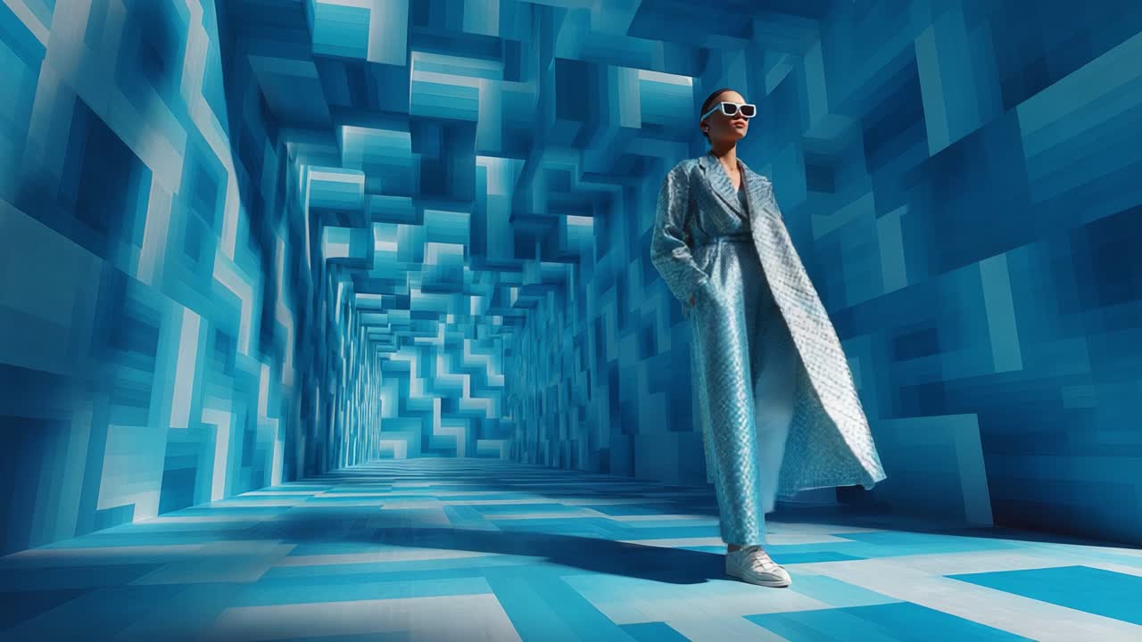 A Fashion Model Walks Confidently Through a Mesmerizing Blue Geometric Tunnel, Showcasing a Stunning Outfit Accentuated by Stylish Sunglasses and Modern Sneakers