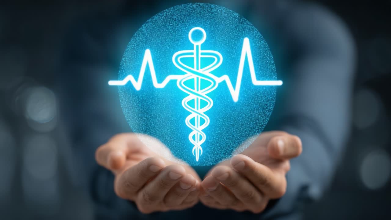 A Symbol of Healthcare: Hands Presenting a Radiant Medical Emblem with Vital Signs Visualization, Merging Technology and Medicine in a Modern Context